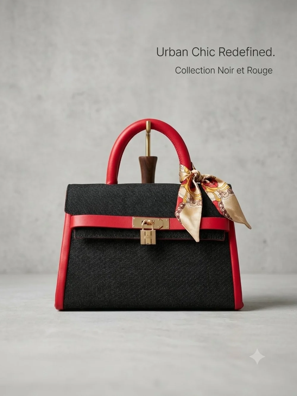 Black and Red Structured Top-Handle Bag with Silk Scarf